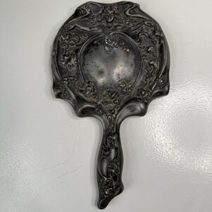 Antique Victorian Silver Plate Hand Mirror Woman Art Nouveau Deco Floral Flower